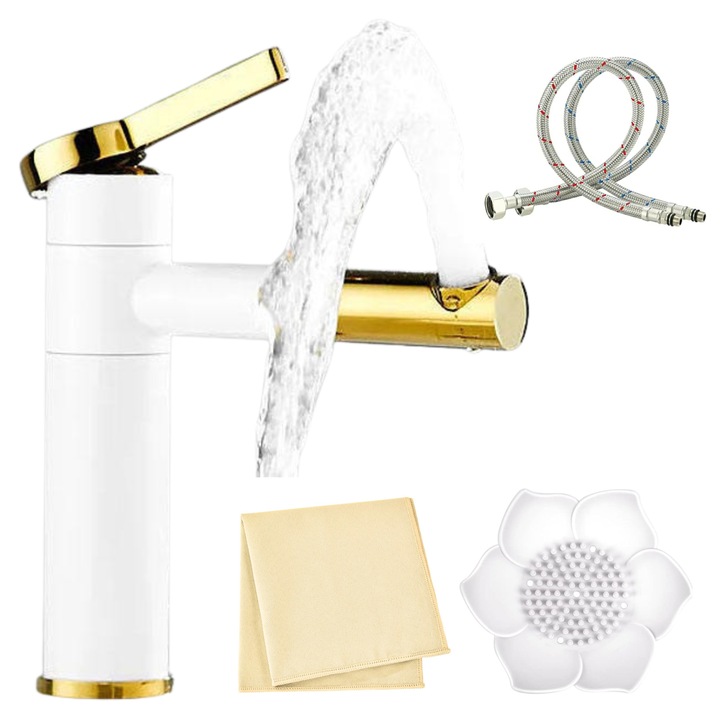 Baterie Chiuveta Baie NIA™, Robinet cu Cartus Ceramic, 2x Tipuri de Jet, Design Elegant si Minimalist, Sapuniera, Laveta Microfibra si Racorduri incluse, Alb cu Auriu