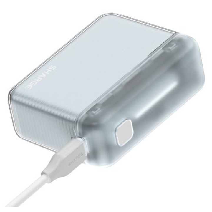 Power Bank Sharge P020 Flow 10 000 mAh – USB‑C + USB‑A Rapid Charge, Capacitate 36 Wh, Compact 200 g, Alb / Albastru, Mod Low Current pentru Dispozitive Sensibile, Ideal pentru Smartphone si Tableta