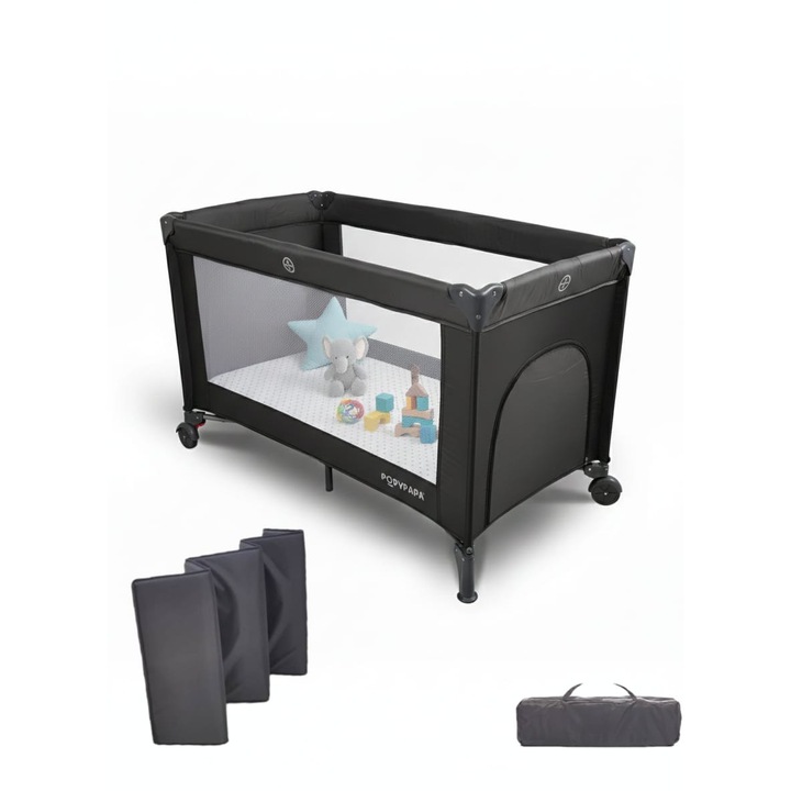 Patut pliant si tarc de joaca Popypapa CB200, intrare laterala cu fermoar, 2 roti cu frana, saltea si geanta de transport incluse, 125x65 cm Calitate Superioara
