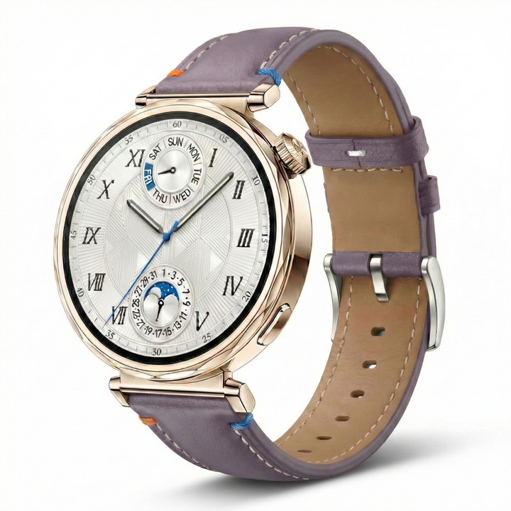 Каишка от естествена кожа 18 мм за Huawei Watch GT4 41mm, GT 5 41mm, GT5 Pro 42mm, GT 6 41mm, Watch 5 42 mm, Xiaomi Watch S4 41mm, Realme Band 2, Smartwatch KW10 / KW20 / DT93, Виолетов