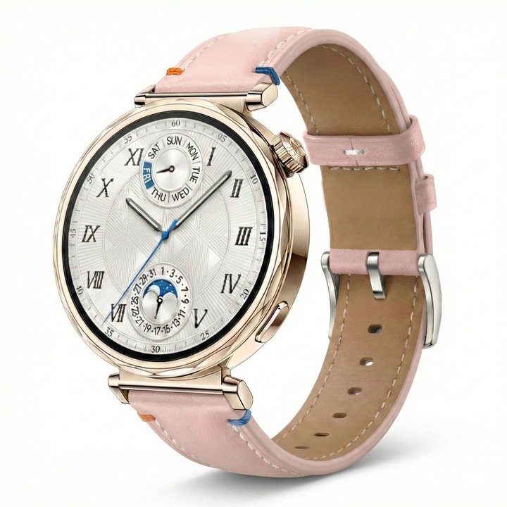 Каишка от естествена кожа 18 мм за Huawei Watch GT4 41mm, GT 5 41mm, GT5 Pro 42mm, GT 6 41mm, Watch 5 42 mm, Xiaomi Watch S4 41mm, Realme Band 2, Smartwatch KW10 / KW20 / DT93, Розова