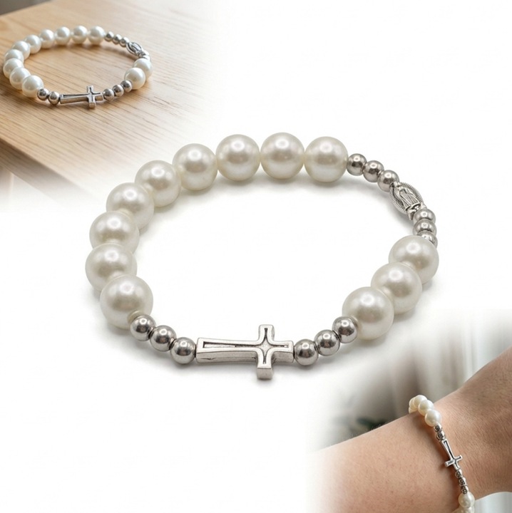 Bratara rozariu din perle albe cu cruce si medalion, PEEWIT, eleganta, confortabila
