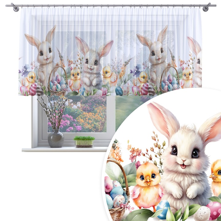 Perdea, Homeview, 300x120 cm, Paste, Pentru camera de zi si dormitor, Cu banda de incretire, Decorativ, Montaj usor, Poliester, Alb cu imprimeu, model 382