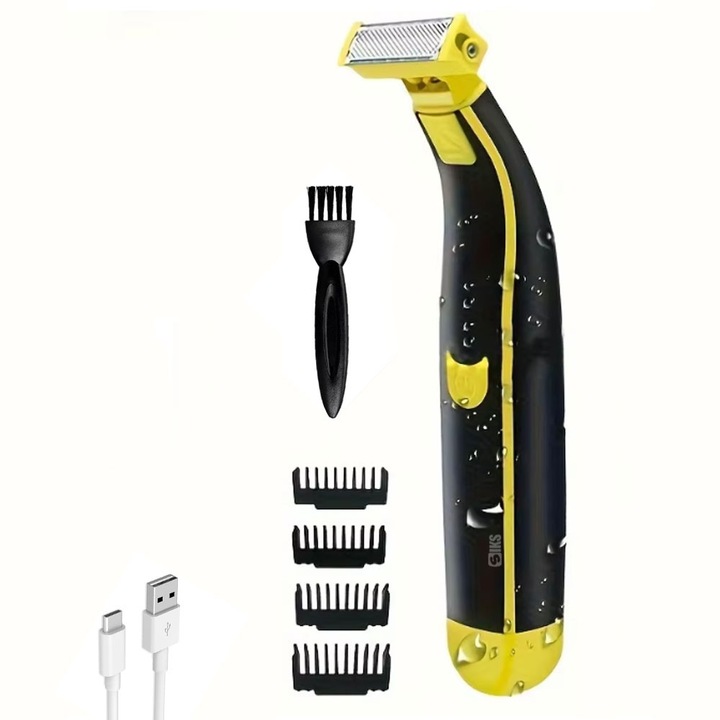 Мъжка самобръсначка за лице и тяло SIKS, тип One Blade, с 4 приставки за размер 1,2,4,6 мм, презареждаема чрез USB Type-C, водоустойчива, включена четка за почистване, 600 mAh, зелено/черно