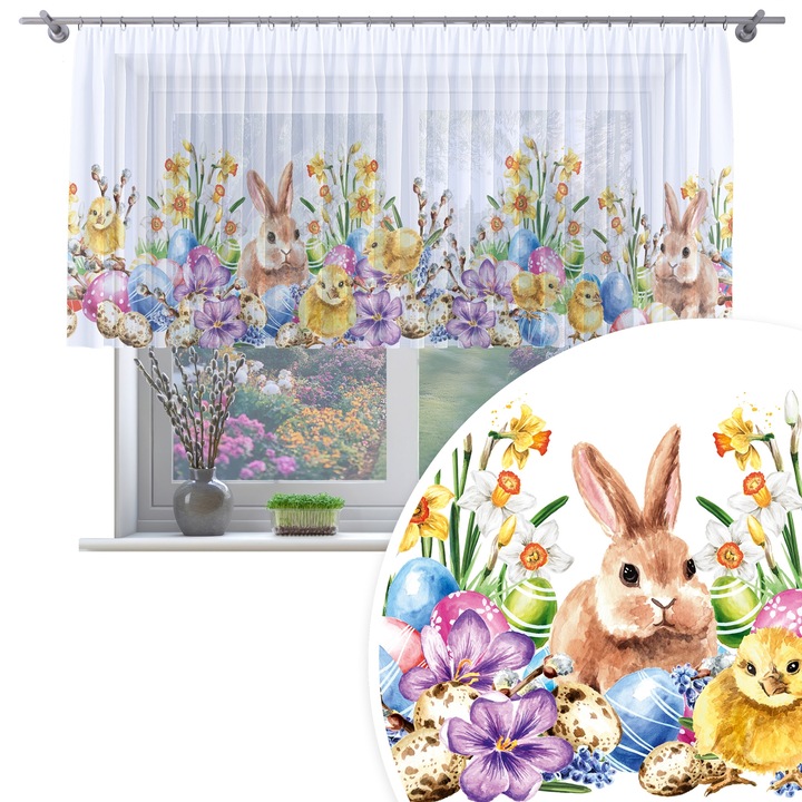 Perdea, Homeview, 300x120 cm, Paste, Pentru camera de zi si dormitor, Cu banda de incretire, Decorativ, Montaj usor, Poliester, Alb cu imprimeu, model 215