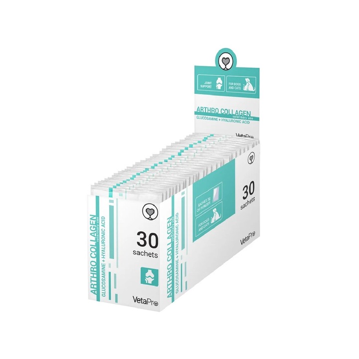 Supliment nutritional, Vetapro Arthrocollagen, intareste si sustine cartilajul de pe articulatii, imbunatateste miscarea si mobilitatea, pentru caini si pisici, plicuri 30x3g