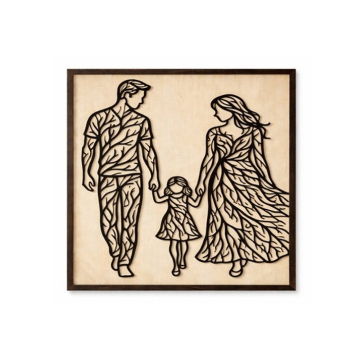 Tablou decorativ din lemn decupat laser, Familie (mama, tata si fiica), personalizabil, 60×40 cm, cadou ideal