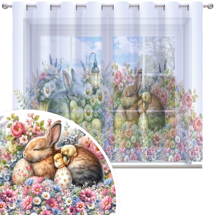 Perdea, Homeview, 300x150 cm, Paste, Pentru camera de zi si dormitor, Cu inele, Decorativ, Montaj usor, Poliester, Alb cu imprimeu, model 383