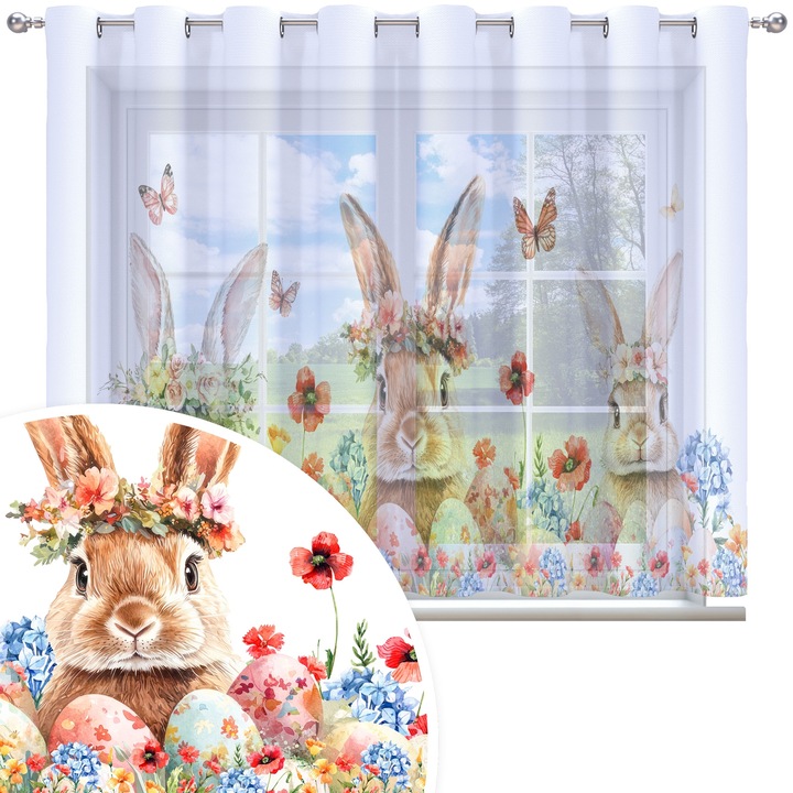 Perdea, Homeview, 300x150 cm, Paste, Pentru camera de zi si dormitor, Cu inele, Decorativ, Montaj usor, Poliester, Alb cu imprimeu, model 378