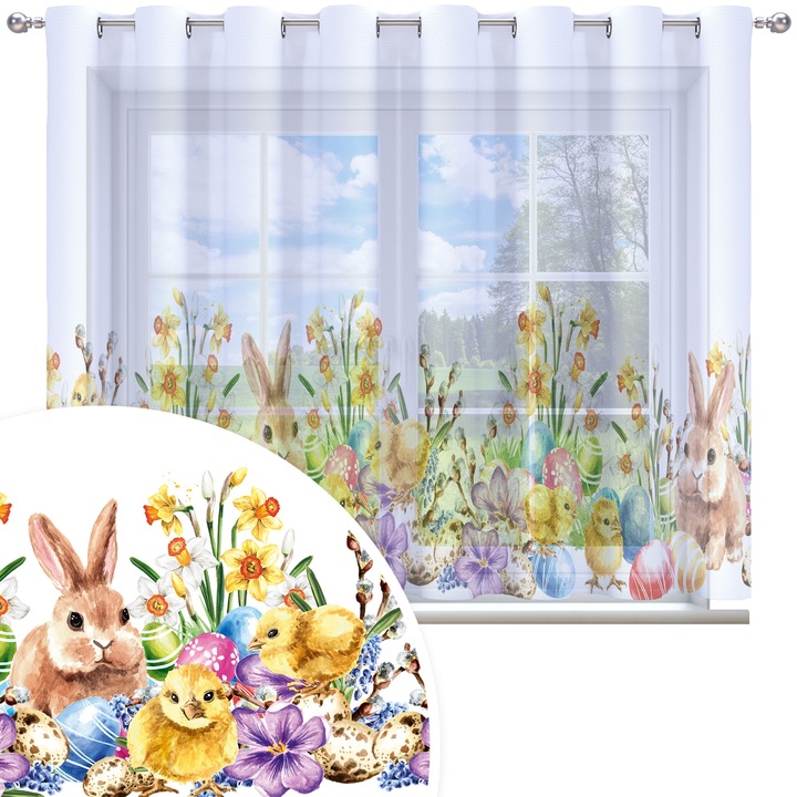 Perdea, Homeview, 300x150 cm, Paste, Pentru camera de zi si dormitor, Cu inele, Decorativ, Montaj usor, Poliester, Alb cu imprimeu, model 215