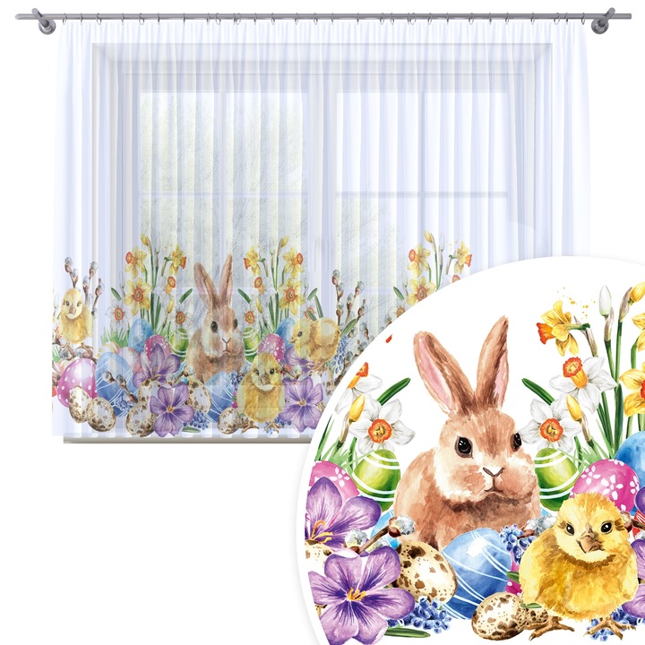 Perdea, Homeview, 300x160 cm, Paste, Pentru camera de zi si dormitor, Cu rejansa, Decorativ, Montaj usor, Poliester, Alb cu imprimeu, model 215