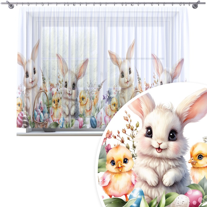 Perdea, Homeview, 400x150 cm, Paste, Pentru camera de zi si dormitor, Cu rejansa, Decorativ, Montaj usor, Poliester, Alb cu imprimeu, model 382