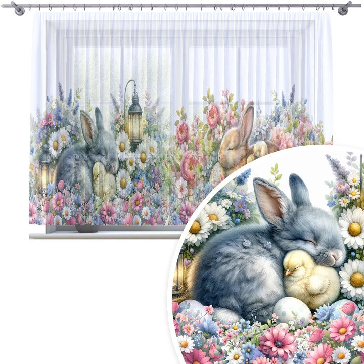 Perdea, Homeview, 400x150 cm, Paste, Pentru camera de zi si dormitor, Cu rejansa, Decorativ, Montaj usor, Poliester, Alb cu imprimeu, model 383