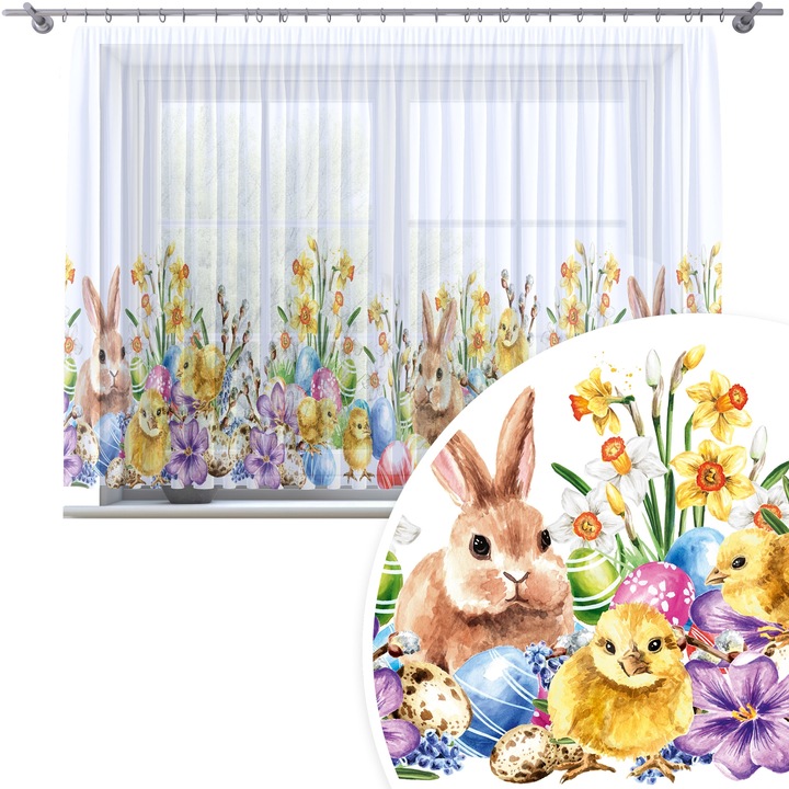 Perdea, Homeview, 400x150 cm, Paste, Pentru camera de zi si dormitor, Cu rejansa, Decorativ, Montaj usor, Poliester, Alb cu imprimeu, model 215