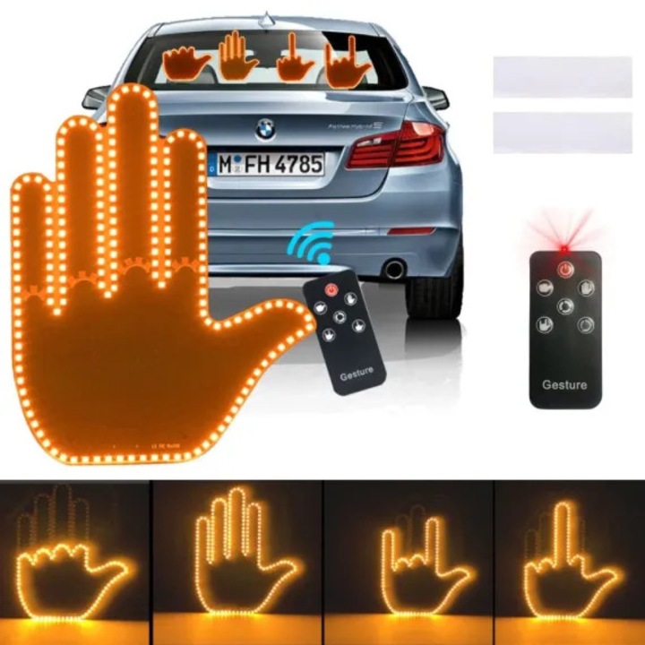 Semn LED Auto cu Telecomanda, Design Mana, 4 Moduri, Efect Vizual Stralucitor, Negru/Galben