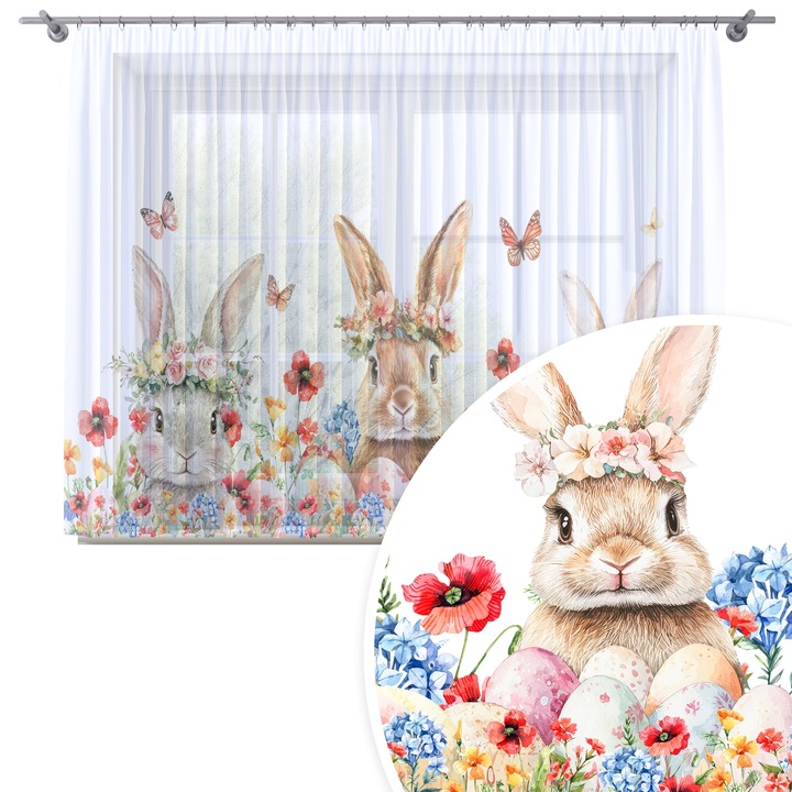 Perdea, Homeview, 300x160 cm, Paste, Pentru camera de zi si dormitor, Cu rejansa, Decorativ, Montaj usor, Poliester, Alb cu imprimeu, model 378