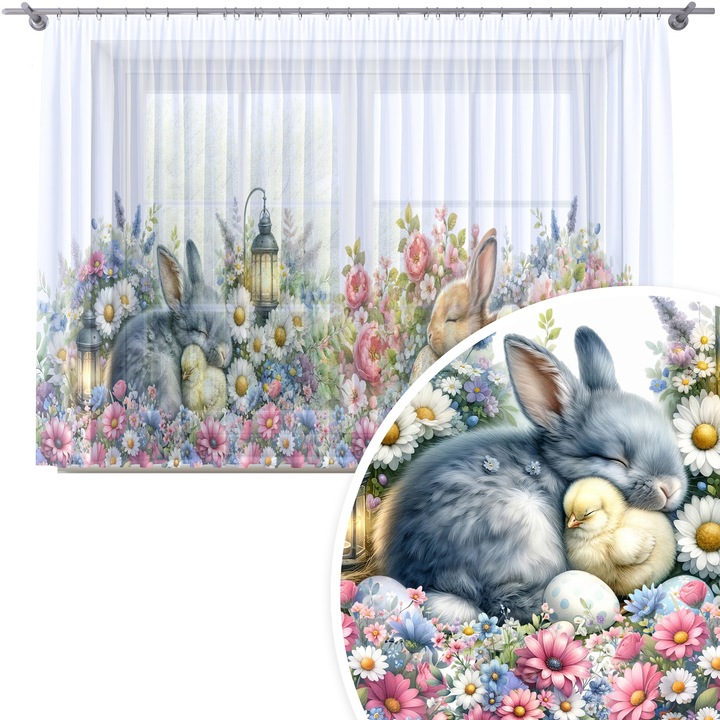 Perdea, Homeview, 400x160 cm, Paste, Pentru camera de zi si dormitor, Cu rejansa, Decorativ, Montaj usor, Poliester, Alb cu imprimeu, model 383