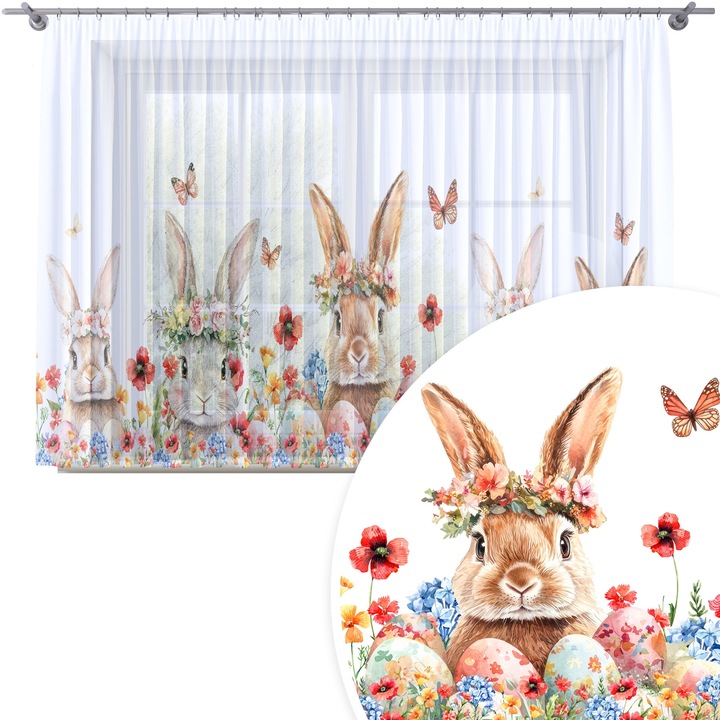 Perdea, Homeview, 400x160 cm, Paste, Pentru camera de zi si dormitor, Cu rejansa, Decorativ, Montaj usor, Poliester, Alb cu imprimeu, model 378