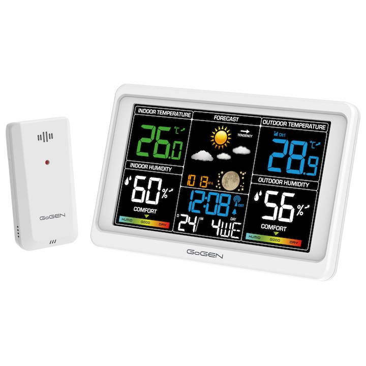 Statie meteo GoGEN ME 3350, afisaj LCD color, temperatuta si umiditate, alb, 20.5x12.7x6.5cm