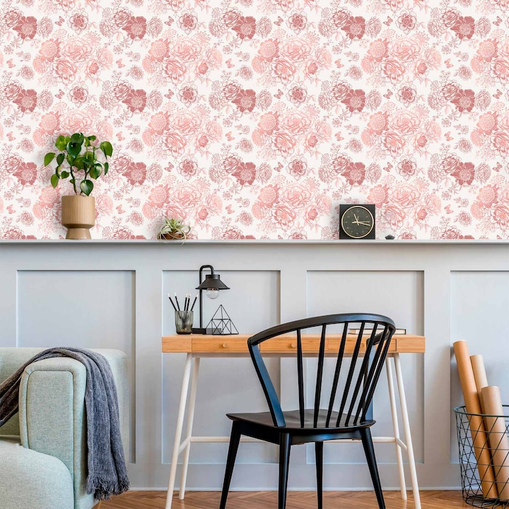 Tapet Standard - Pink Flowers White - 50 x 1000 cm