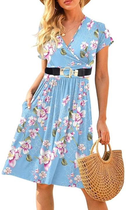 Rochie casual pentru femei, maneci scurte, albastra cu curea M