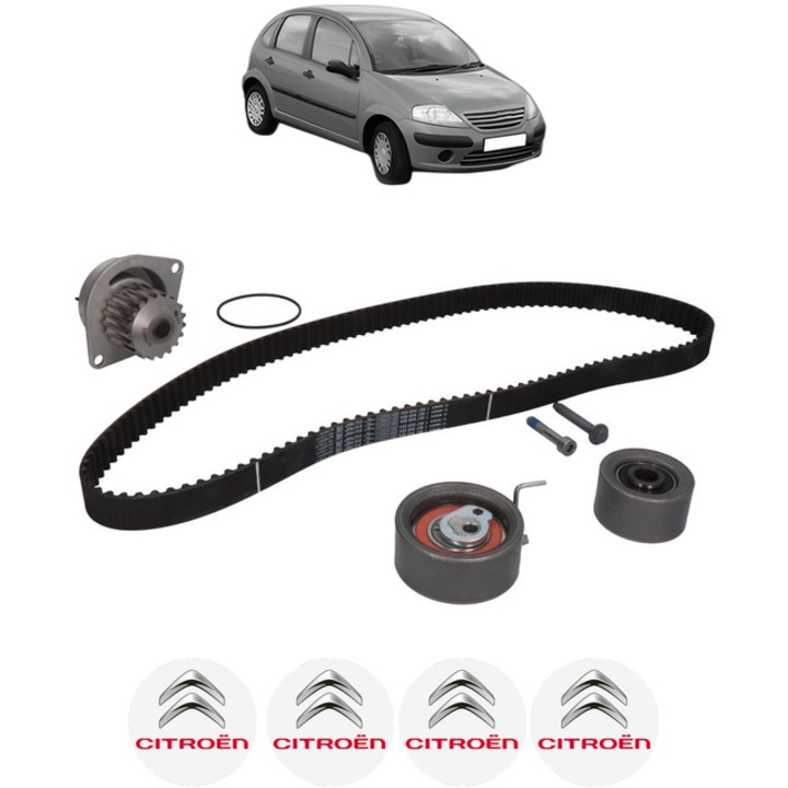 Set pompa apa si curea distributie CITROEN C3 I (FC_, FN_) 1.6 16V 110 CP din 2003 - 2005, Bosch, 4x Stickere auto cu CITROEN