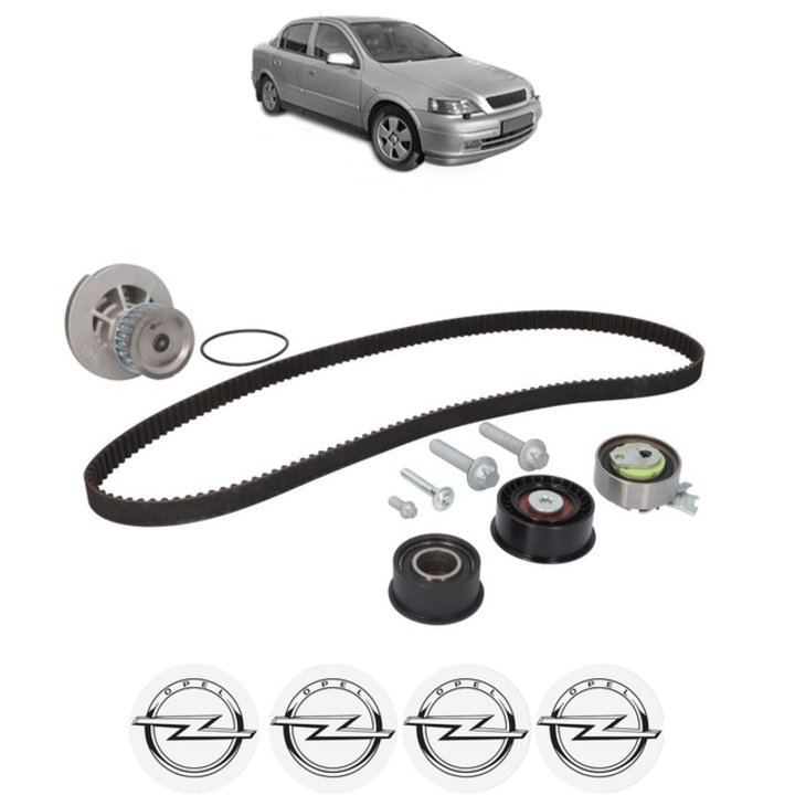 Set pompa apa si curea distributie OPEL ASTRA G CLASSIC Saloon (T98) 1.4 16V (F69) 90 CP din 2004 - 2009, Bosch, 4x Stickere auto cu OPEL