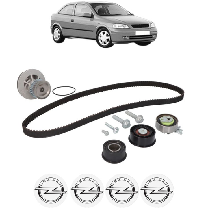 Set pompa apa si curea distributie OPEL ASTRA G Hatchback (T98) 1.6 16V (F08, F48) 101 CP din 1998 - 2005, Bosch, 4x Stickere auto cu OPEL