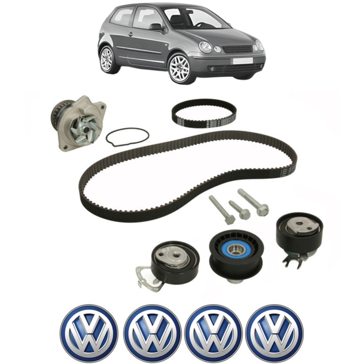 Set pompa apa si curea distributie Volkswagen POLO IV (9N_, 9A_) 1.4 16V 75 CP din 2001 - 2008, Bosch, 4x Stickere auto cu Volkswagen