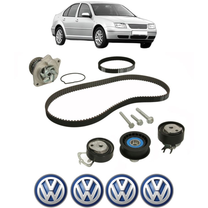 Set pompa apa si curea distributie Volkswagen BORA I (1J2) 1.4 16V 75 CP din 2000 - 2005, Bosch, 4x Stickere auto cu Volkswagen