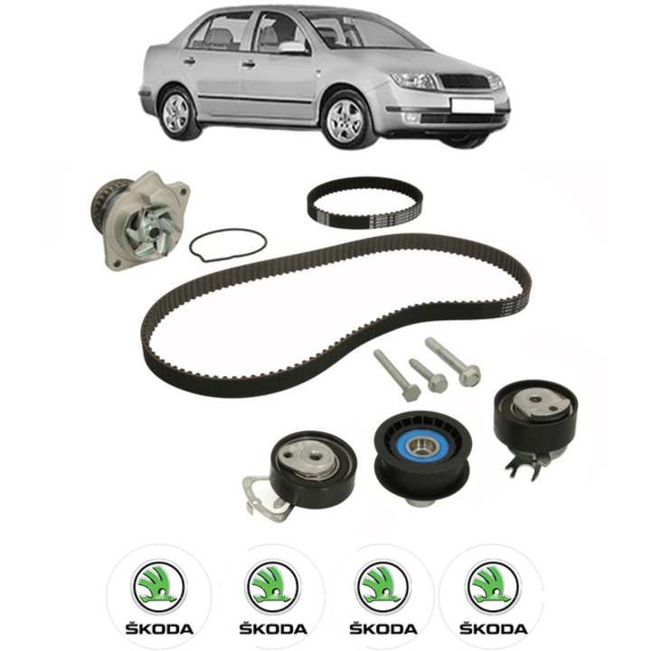 Set pompa apa si curea distributie SKODA FABIA I Saloon (6Y3) 1.4 16V 80 CP din 2006 - 2007, Bosch, 4x Stickere auto cu SKODA