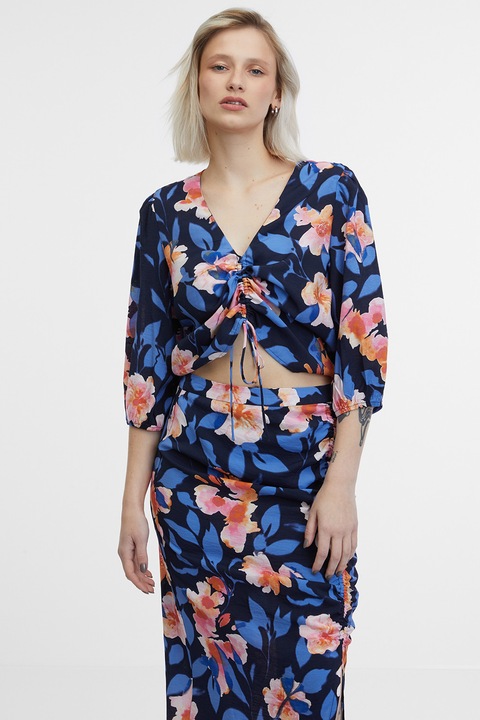 Orsay, Bluza crop cu imprimeu floral, Piersica/Bleumarin