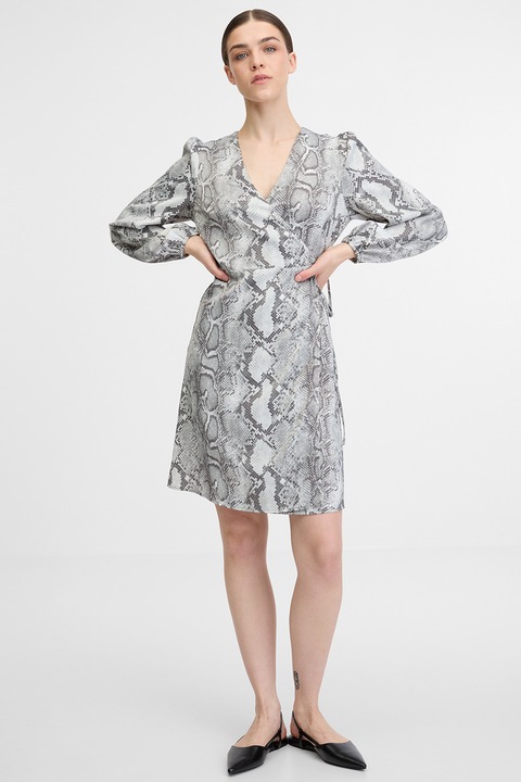 Orsay, Rochie cambrata cu decolteu in V si model, Alb/Gri inchis