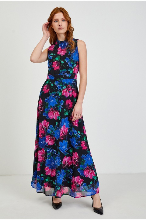 Orsay, Rochie lunga cu model floral, Negru/Roz/Bleumarin