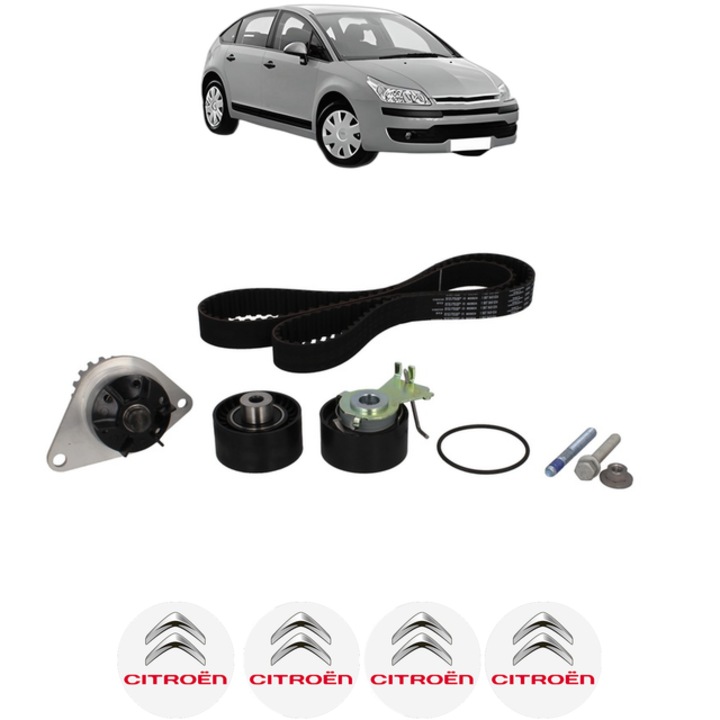 Set pompa apa si curea distributie CITROEN C4 I (LC_) 1.4 16V 88 CP din 2004 - 2011, Bosch, 4x Stickere auto cu CITROEN