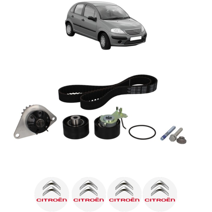 Set pompa apa si curea distributie CITROEN C3 I (FC_, FN_) 1.4 16V 88 CP din 2003 - 2010, Bosch, 4x Stickere auto cu CITROEN