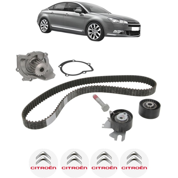Set pompa apa si curea distributie CITROEN C5 III (RD_) 2.0 HDi (RDRHD8, RDRHDJ, RDRHR8, RDRHRJ) 136 CP din 2008 - 2014, Bosch, 4x Stickere auto cu CITROEN