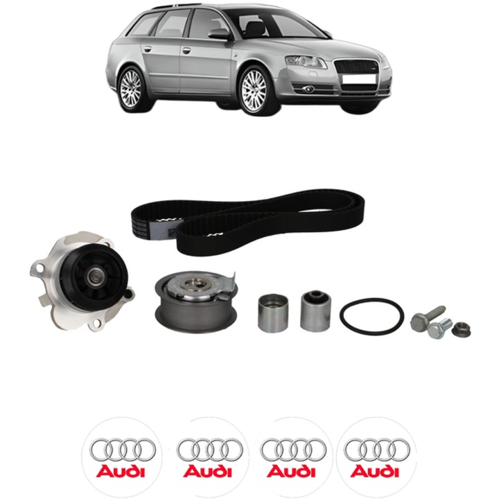 Set pompa apa si curea distributie AUDI A4 B7 Avant (8ED) 2.0 TFSI 200 CP din 2004 - 2008, Bosch, 4x Stickere auto cu AUDI