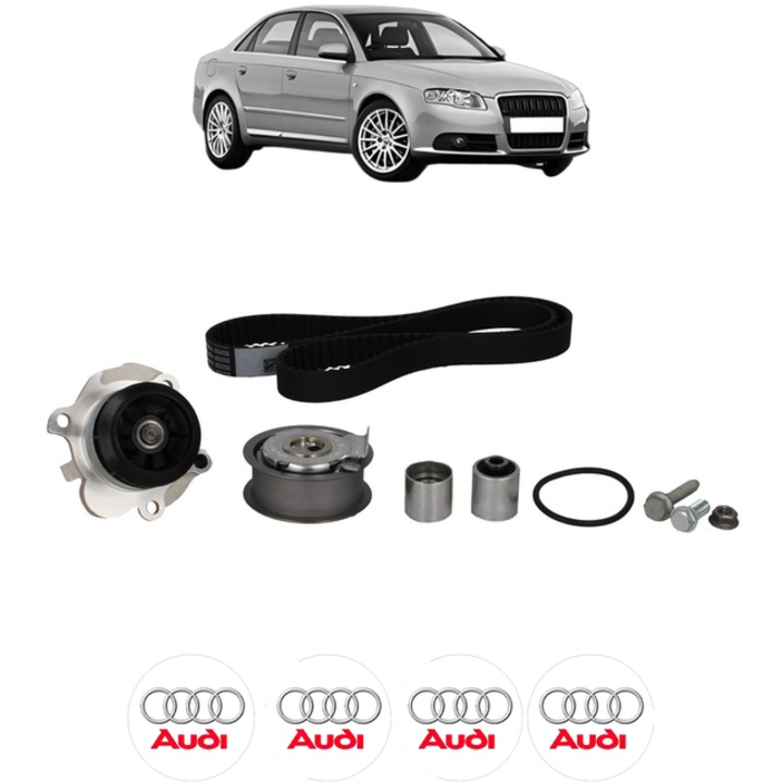 Set pompa apa si curea distributie AUDI A4 B7 (8EC) 2.0 TFSI 220 CP din 2005 - 2008, Bosch, 4x Stickere auto cu AUDI