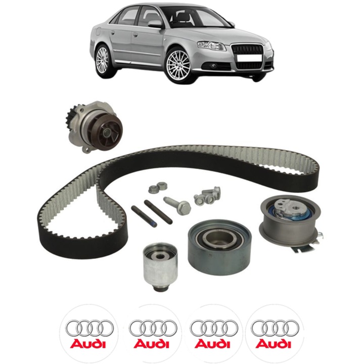 Set pompa apa si curea distributie AUDI A4 B7 (8EC) 2.0 TDI 163 CP din 2006 - 2008, Bosch, 4x Stickere auto cu AUDI