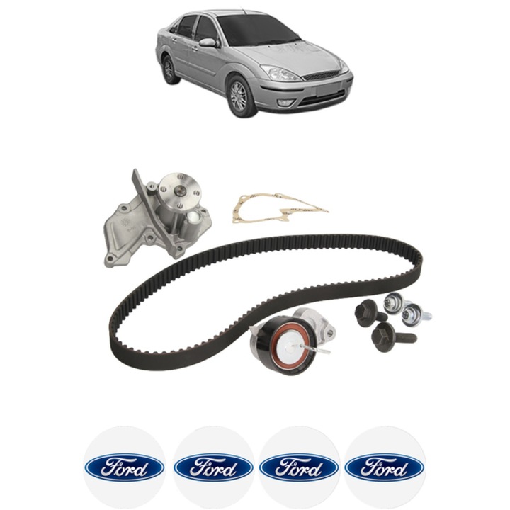 Set pompa apa si curea distributie FORD FOCUS I Saloon (DFW) 1.6 16V 100 CP din 1999 - 2004, Bosch, 4x Stickere auto cu FORD