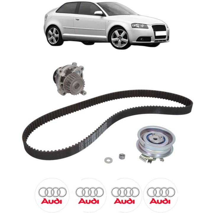 Set pompa apa si curea distributie AUDI A3 (8P1) 1.6 102 CP din 2003 - 2012, Bosch, 4x Stickere auto cu AUDI