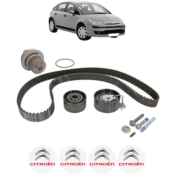 Set pompa apa si curea distributie CITROEN C4 I (LC_) 1.6 16V 109 CP din 2004 - 2011, Bosch, 4x Stickere auto cu CITROEN