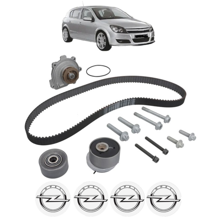 Set pompa apa si curea distributie OPEL ASTRA H (A04) 1.6 (L48) 105 CP din 2004 - 2010, Bosch, 4x Stickere auto cu OPEL