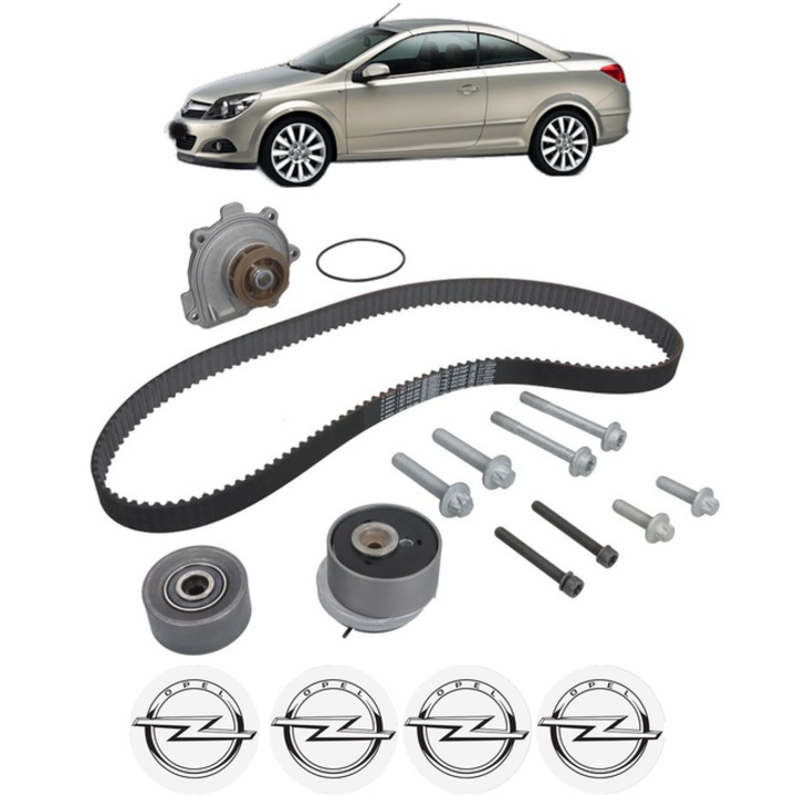 Set pompa apa si curea distributie OPEL ASTRA H TwinTop (A04) 1.6 Turbo (L67) 180 CP din 2007 - 2010, Bosch, 4x Stickere auto cu OPEL