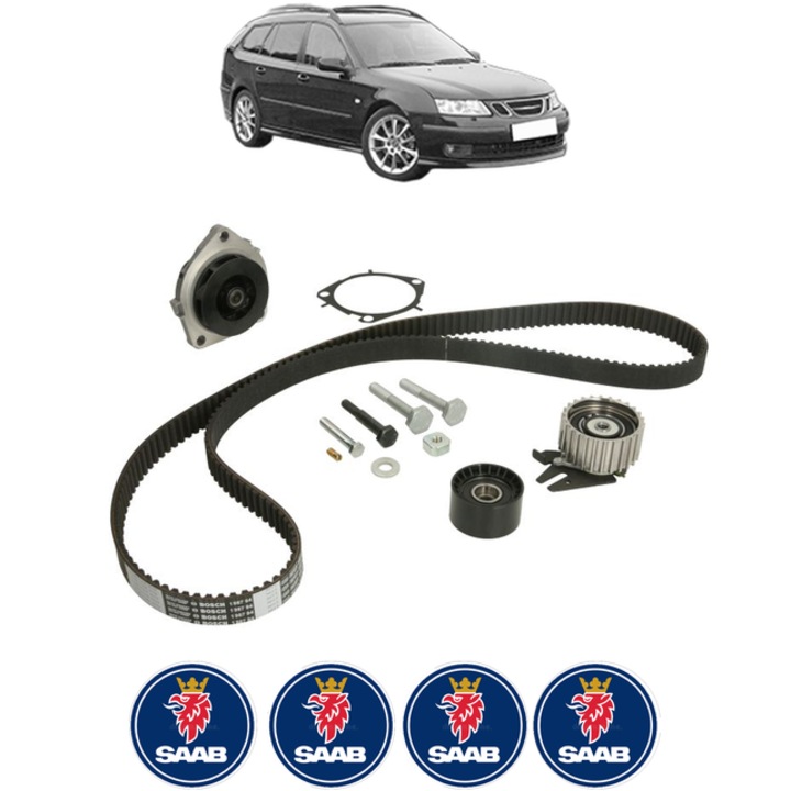 Set pompa apa si curea distributie SAAB 9-3 Estate (E50) 1.9 TTiD 180 CP din 2007 - 2015, Bosch, 4x Stickere auto cu SAAB
