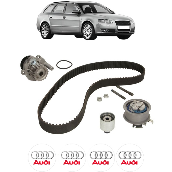 Set pompa apa si curea distributie AUDI A4 B7 Avant (8ED) 2.0 TDI quattro 140 CP din 2006 - 2008, Bosch, 4x Stickere auto cu AUDI