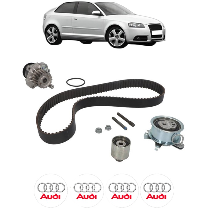 Set pompa apa si curea distributie AUDI A3 (8P1) 1.9 TDI 105 CP din 2003 - 2010, Bosch, 4x Stickere auto cu AUDI