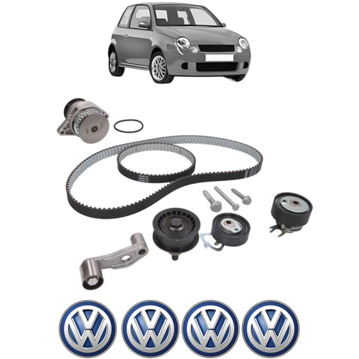 Set pompa apa si curea distributie Volkswagen LUPO I (6X1, 6E1) 1.4 FSI 105 CP din 2001 - 2005, Bosch, 4x Stickere auto cu Volkswagen
