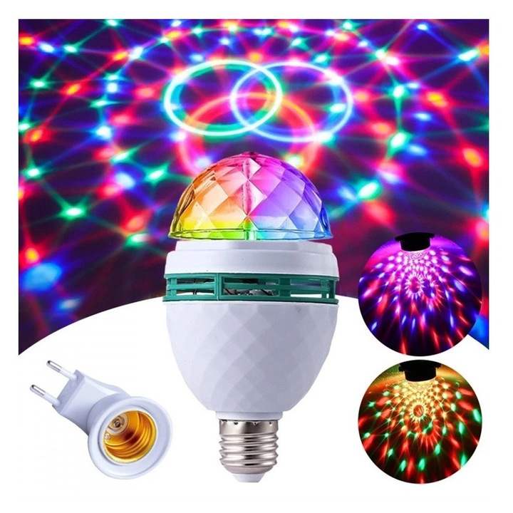 Многоцветна въртяща се крушка с диско ефект, E27, адаптер за контакт, 85-260 V, LED, 3W